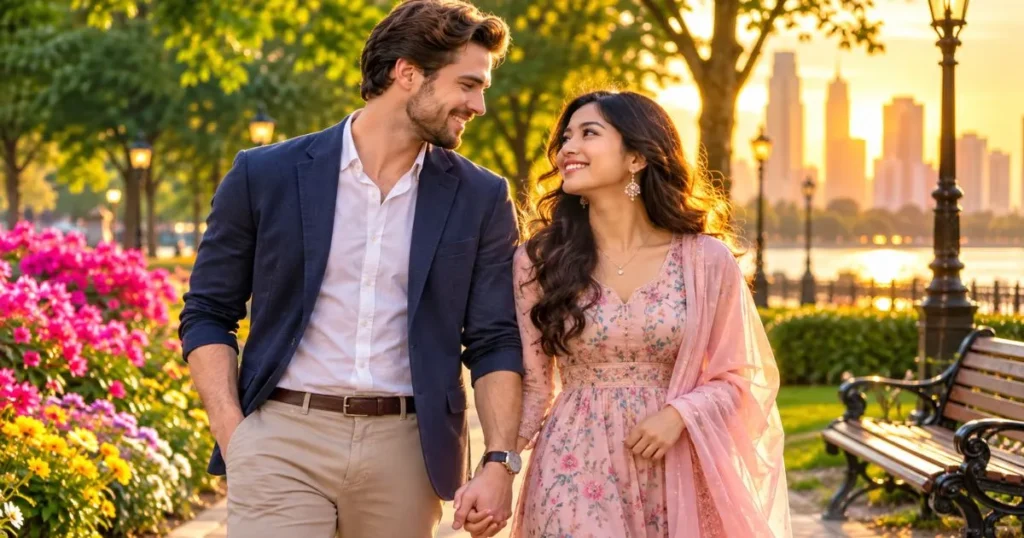 Happy interracial couple enjoying a romantic walk for WMAF captions article.