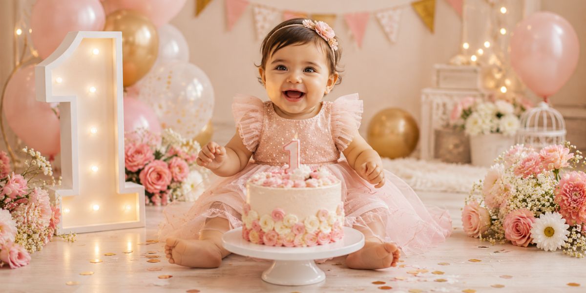 Happy one-year-old baby celebrating a first birthday for 12 months baby captions