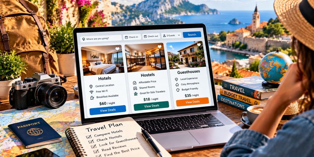 Traveler comparing affordable hotels hostels and guesthouses for a budget trip