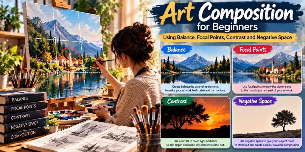 Art composition for beginners using balance focal points contrast and negative space