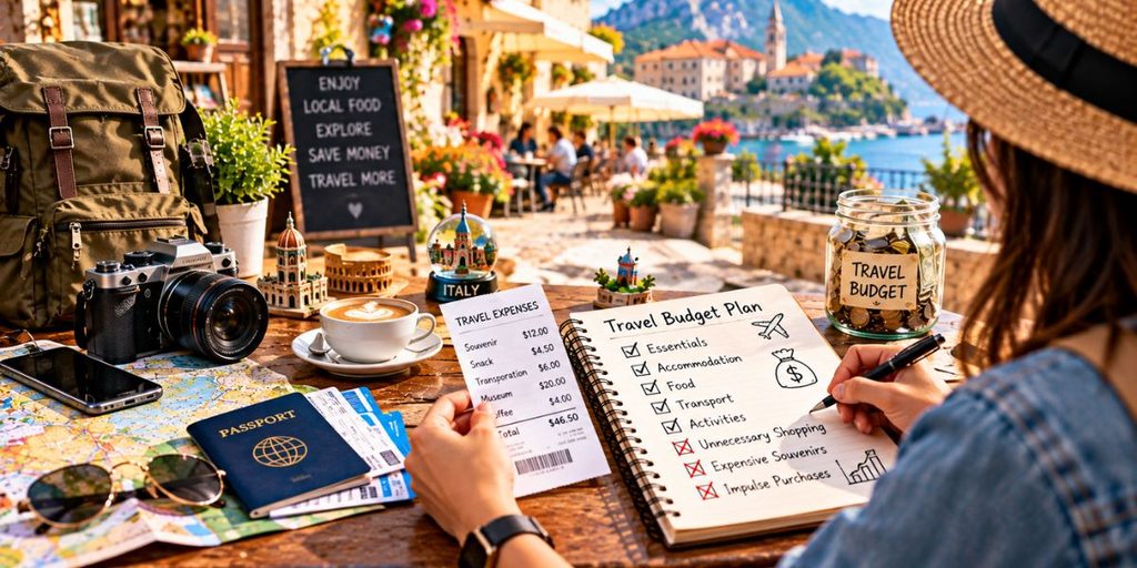 Traveler planning purchases and avoiding unnecessary expenses during a budget trip