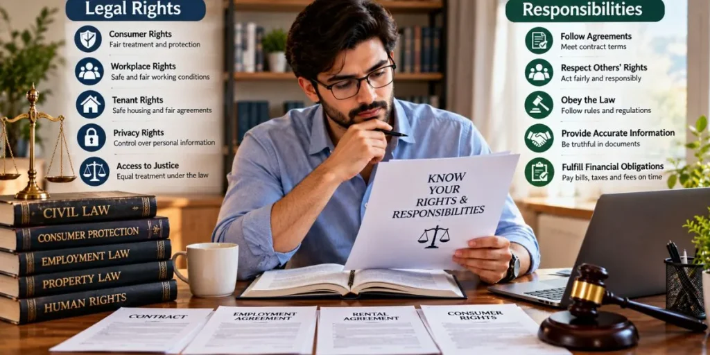 Person reviewing basic legal rights and responsibilities with legal documents