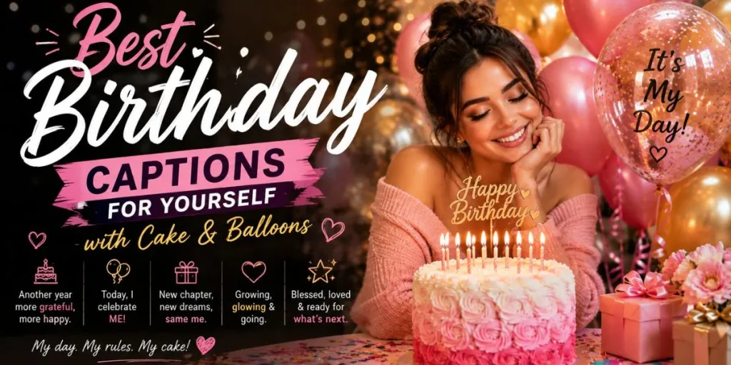 Best birthday captions for yourself with cake and balloons