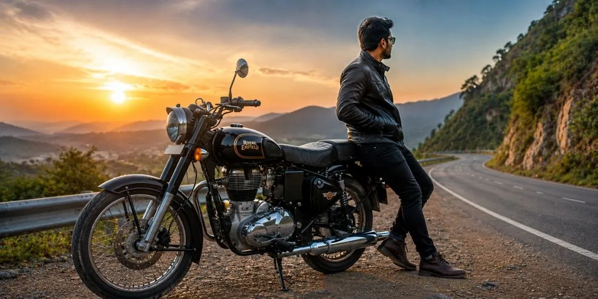 Stylish Royal Enfield Bullet motorcycle parked on a scenic road with a confident rider nearby