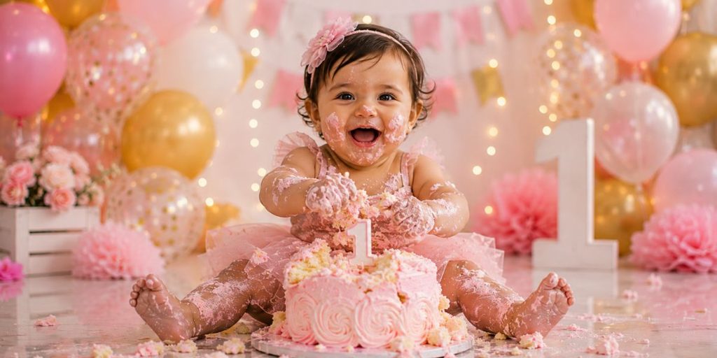One-year-old baby enjoying a messy birthday cake smash celebration