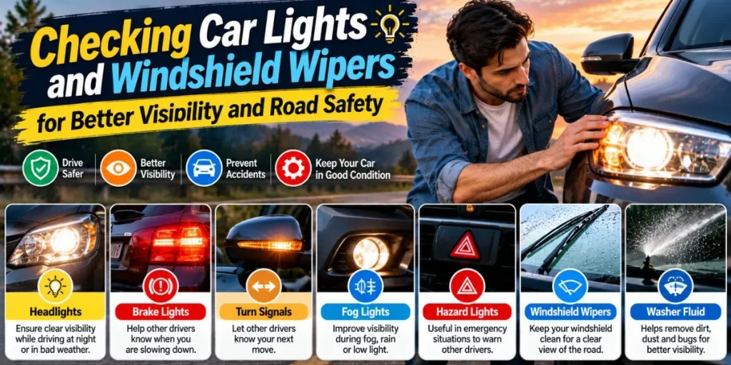Checking car lights and windshield wipers for better visibility and road safety