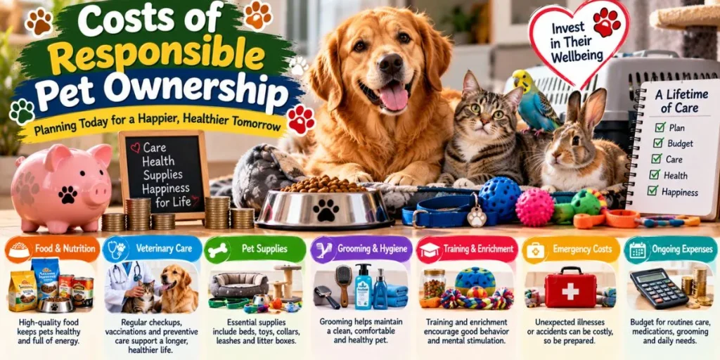 Costs of responsible pet ownership including food veterinary care and pet supplies