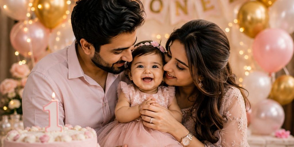 Parents lovingly holding their one-year-old baby during an emotional first birthday moment
