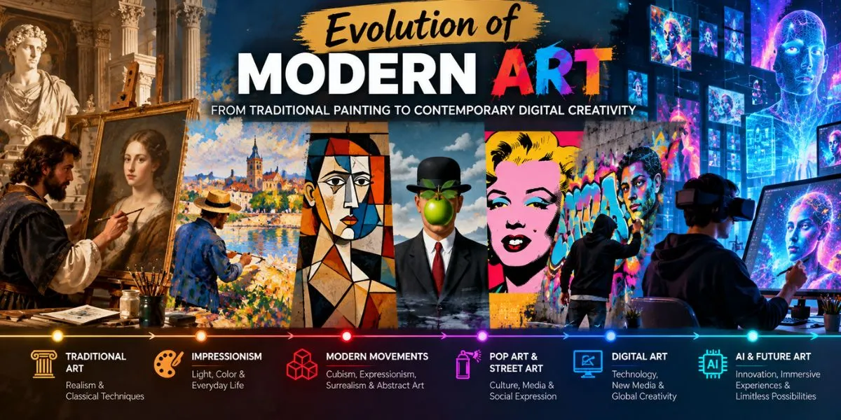 Evolution of modern art from traditional painting to contemporary digital creativity