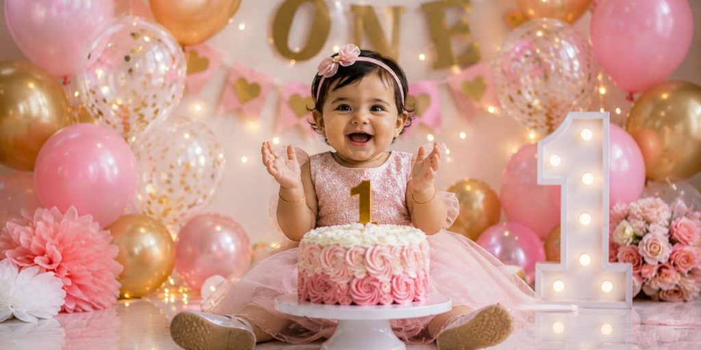 Adorable one-year-old baby celebrating a first birthday with cake and balloons