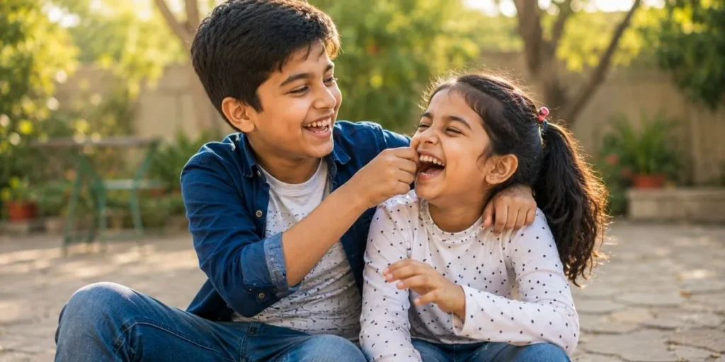 Brother and sister laughing together during a playful and funny moment
