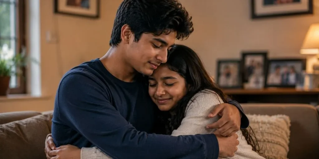 Brother and sister sharing a heartfelt embrace during an emotional family moment