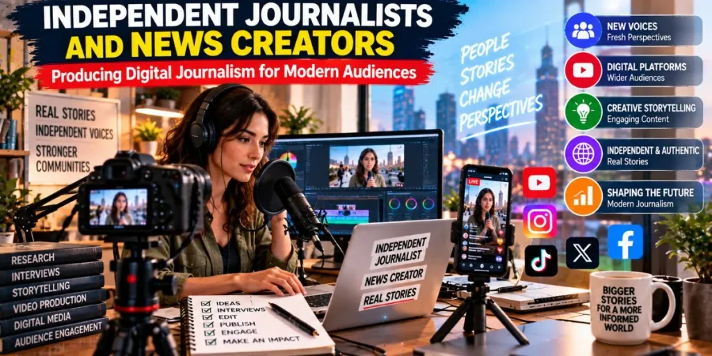 Independent journalists and news creators producing digital journalism for modern audiences