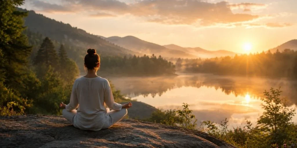 Person practicing meditation in a peaceful natural setting