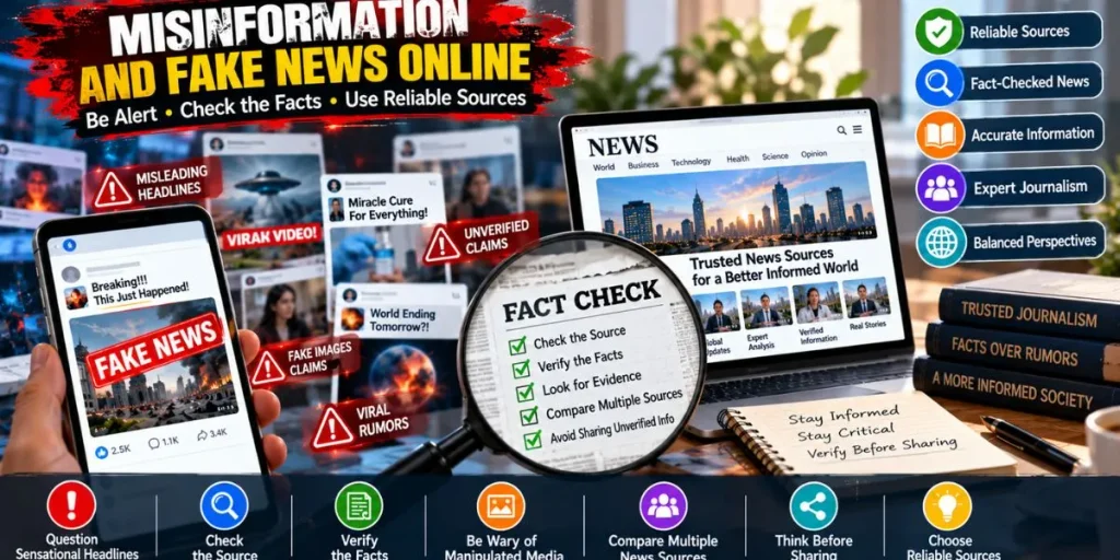Misinformation and fake news online showing the importance of checking reliable sources
