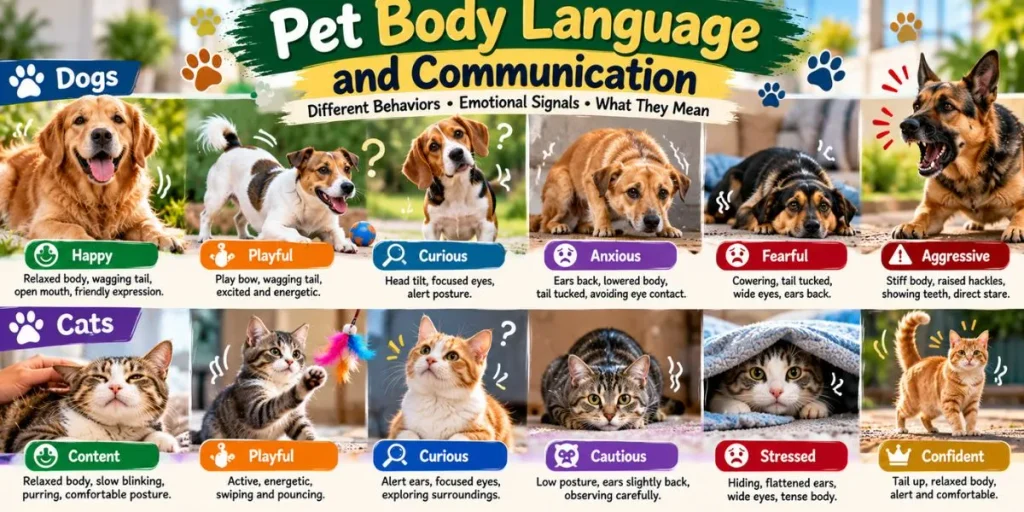 Pet body language and communication showing different behaviors and emotional signals