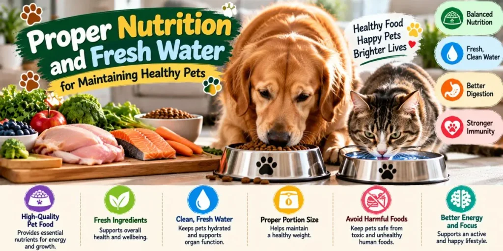 Proper nutrition and fresh water for maintaining healthy pets