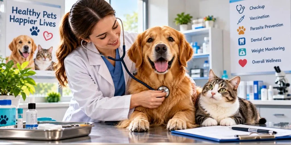 Veterinarian performing a routine health checkup on a healthy pet