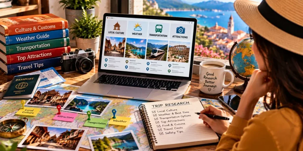 Traveler researching local culture weather transportation and attractions before a trip