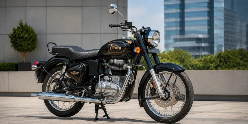 Classic Bullet motorcycle photographed against a clean modern outdoor background