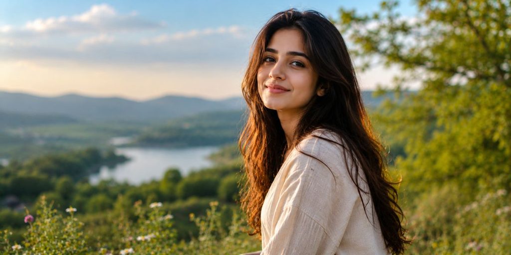 Person posing naturally outdoors with a simple and peaceful expression