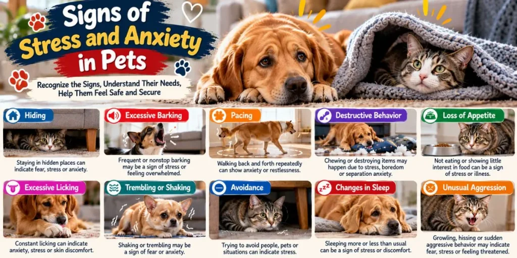 Signs of stress and anxiety in pets shown through body language and behavior