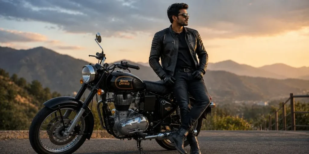 Fashionable motorcycle rider wearing stylish riding clothes beside a classic Bullet