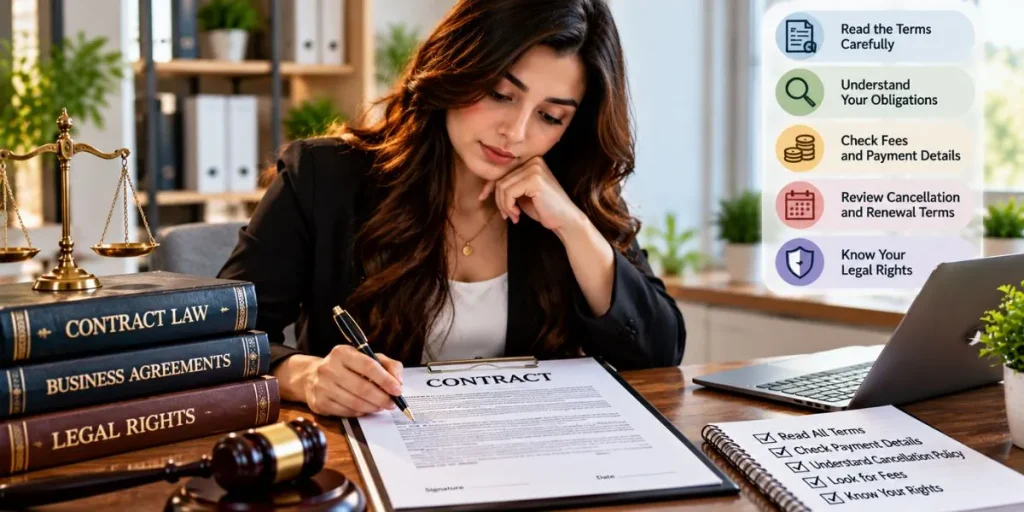 Person carefully reading a contract before signing an agreement