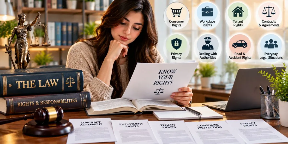 Person learning about legal rights in everyday situations with legal documents and a law book