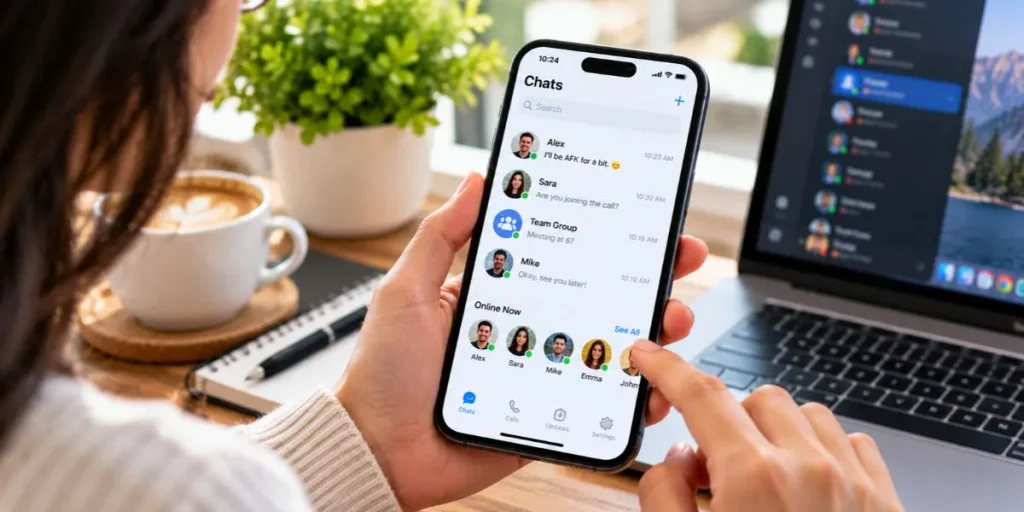 Person checking messages and online status on a smartphone.