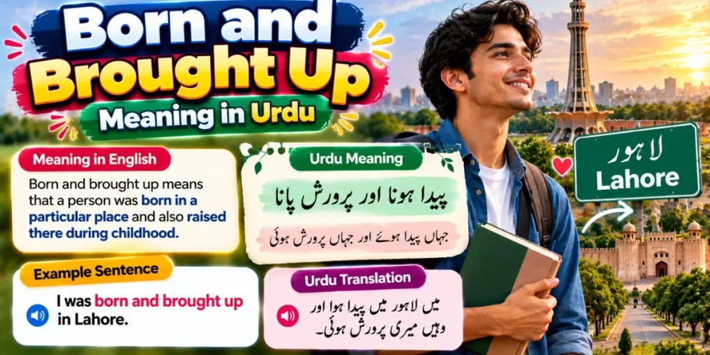 Born and brought up meaning in Urdu with translation and example sentence