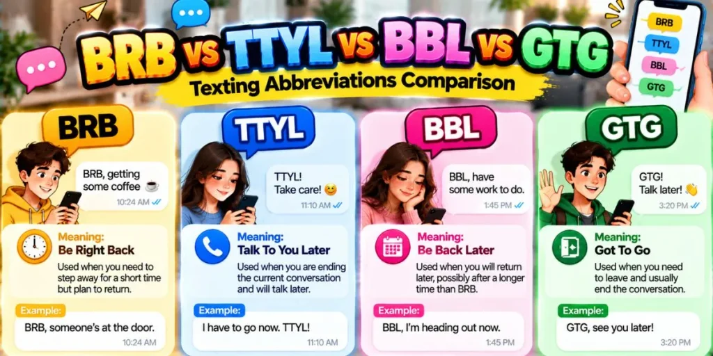 BRB compared with TTYL BBL and GTG texting abbreviations