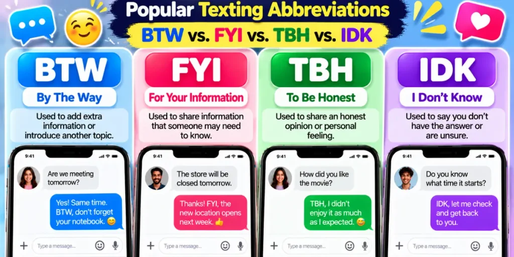 Comparison of BTW, FYI, TBH, and IDK texting abbreviations and their meanings