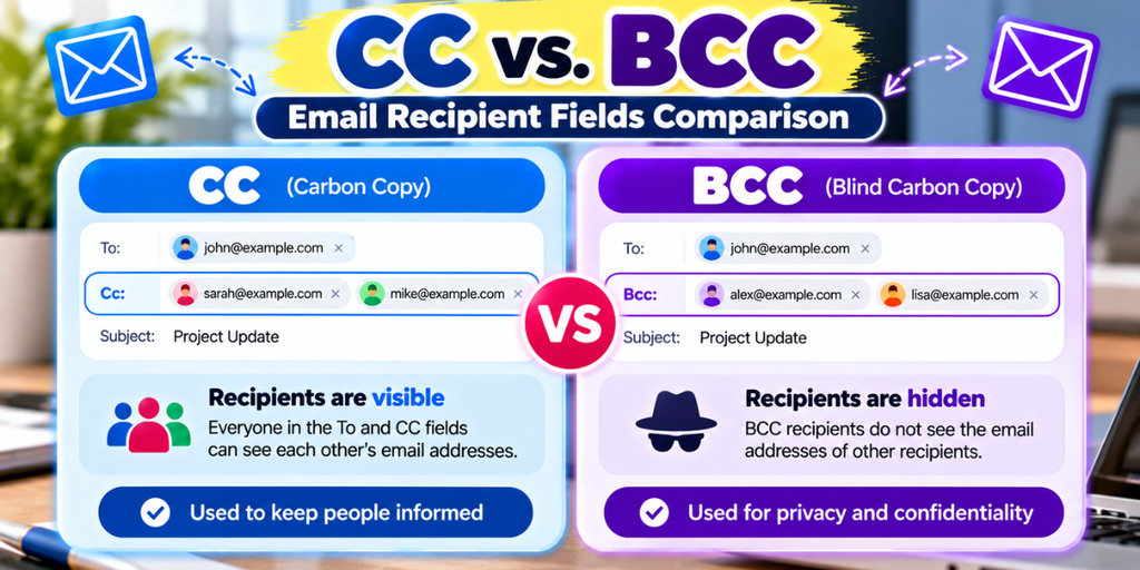Comparison of CC and BCC email recipient fields and their visibility
