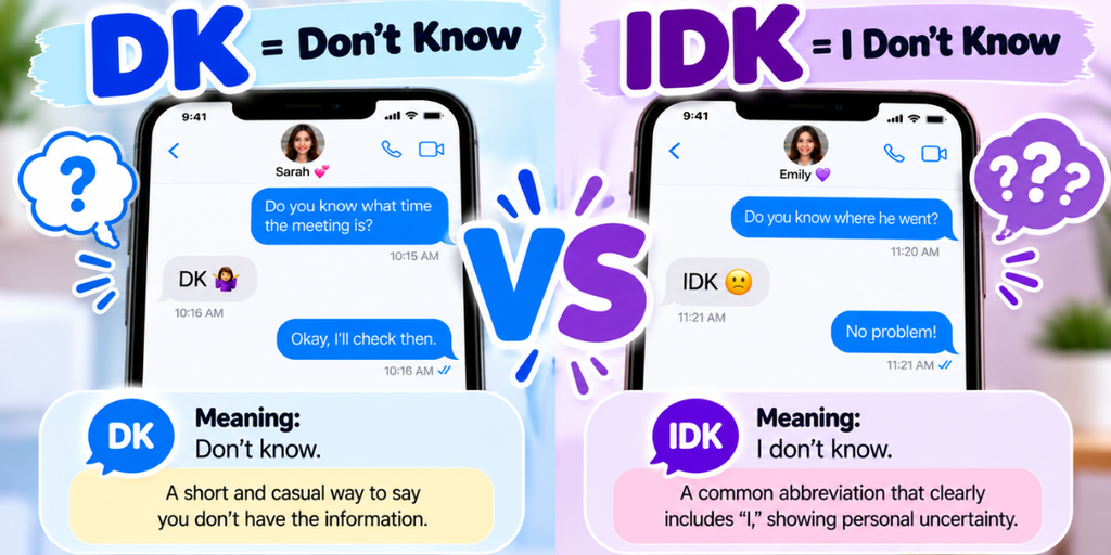 Comparison of DK meaning “don't know” and IDK meaning “I don't know” in text messages.