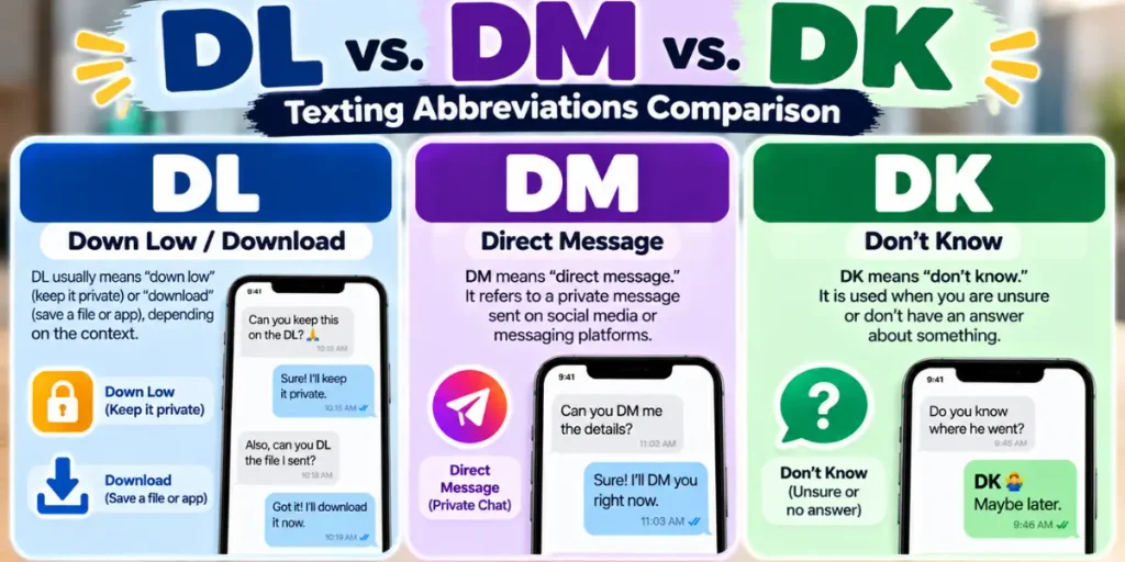 Comparison of DL, DM, and DK texting abbreviations and their meanings