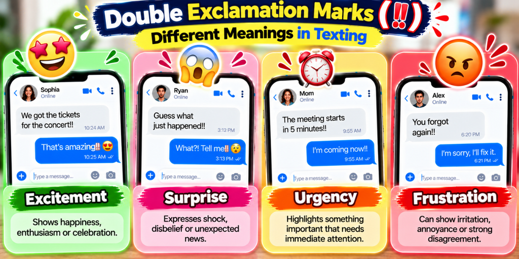 Double exclamation marks expressing excitement, surprise, urgency, and frustration in texting.