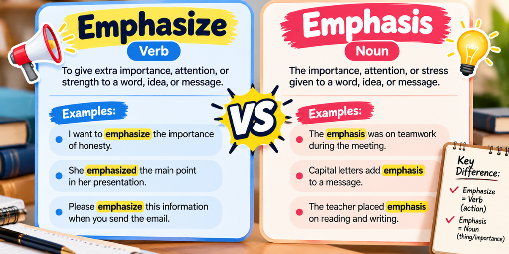 Comparison of emphasize as a verb and emphasis as a noun with example sentences