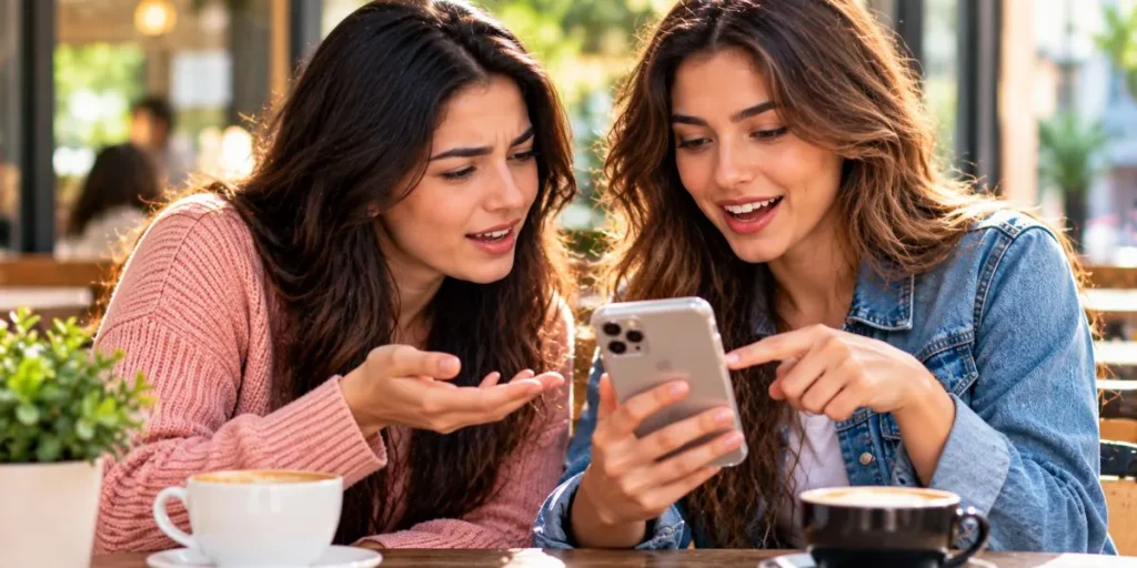 Two friends discussing the meaning of a text message on a smartphone.