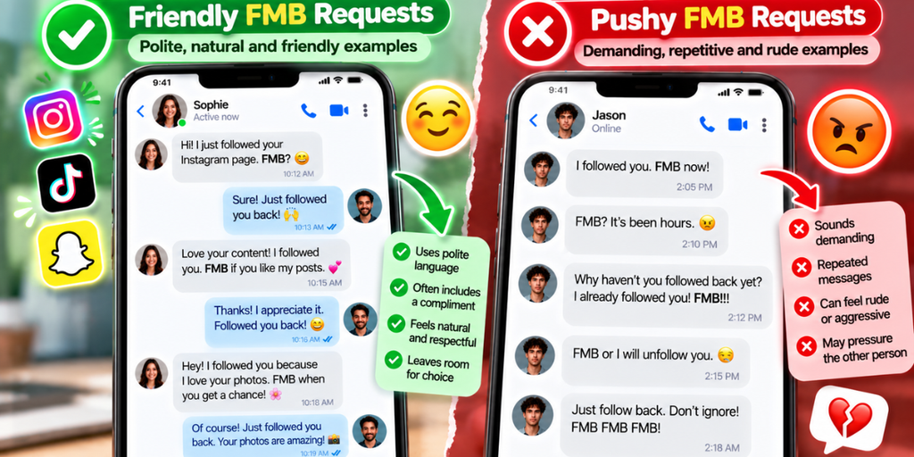 Examples of friendly and pushy Follow Me Back requests in social media messages