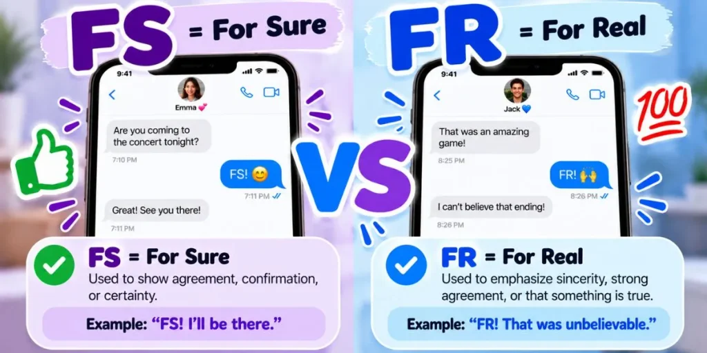 Comparison of FS meaning “for sure” and FR meaning “for real” in text messages.