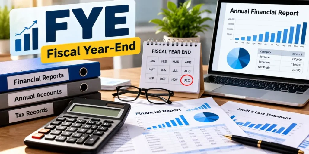 Calculator, financial reports, and a laptop representing fiscal year-end accounting.