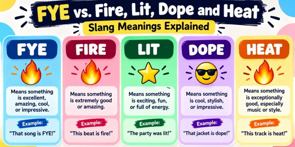 Comparison of FYE, fire, lit, dope, and heat with their slang meanings.