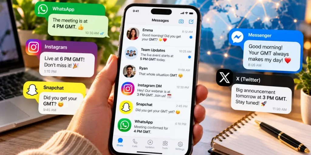 Smartphone illustrating online messaging and social media conversations about GMT.
