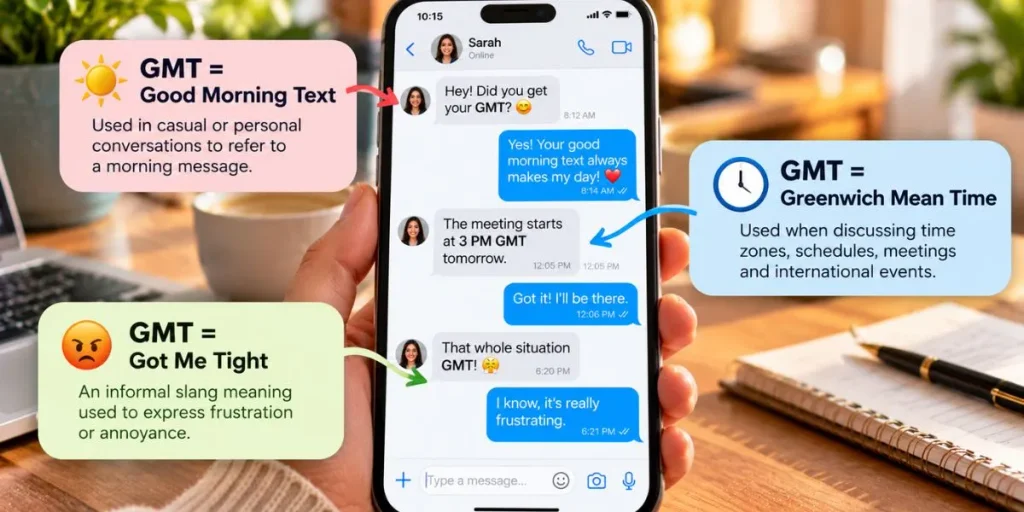 Example text conversation demonstrating how GMT can have different meanings depending on context.