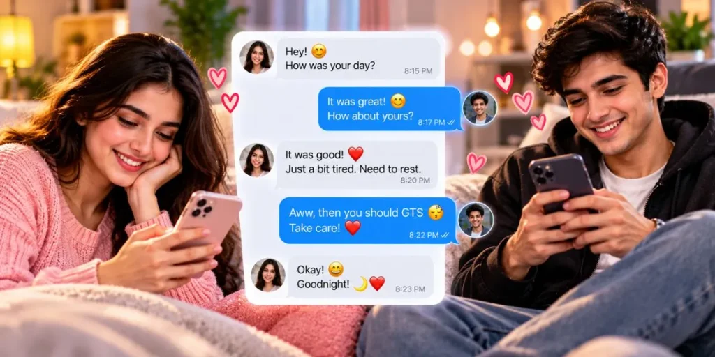 Two friends exchanging friendly smartphone messages with affectionate emojis.