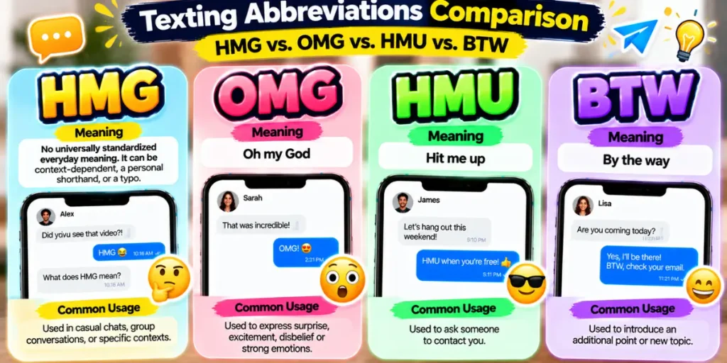 Comparison of HMG, OMG, HMU, and BTW texting abbreviations and their meanings.