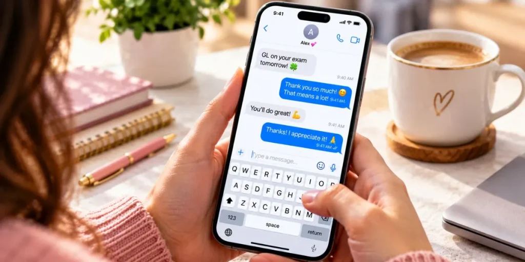 Person typing a friendly reply to a good luck message on a smartphone