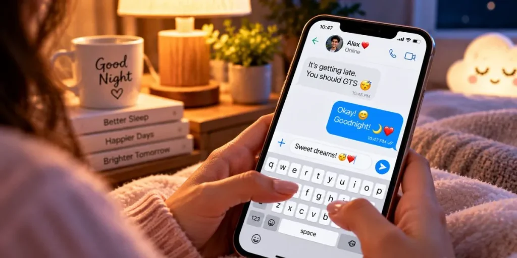 Person typing a friendly goodnight reply with emojis on a smartphone.