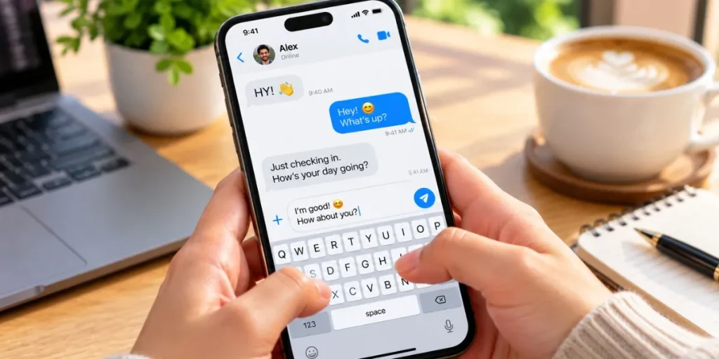 Person typing a friendly response to a text message on a smartphone.
